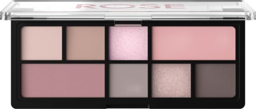 Meikkipaletissa on erilaisia pinkkejä, beigejä, harmaita ja mustia sävyjä sekä glitterkorostuksia.
