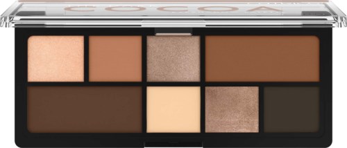 En palett med nio olika nyanser av brunt, beige och glitter i ett kompakt fodral. Avsett för smink.