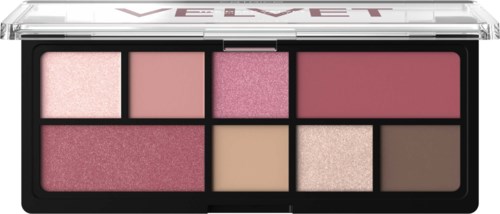 Een make-up palette met acht verschillende tinten roze, bruin en beige. Het heeft een doorzichtige deksel en een zwarte basis.