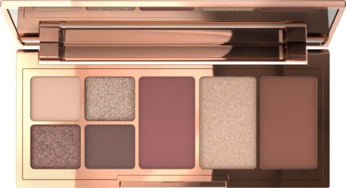 Avaamaton meikkipaletti, jossa on yhdeksän luomiväriä beige-, pinkki-, lilla- ja glitterisävyissä.