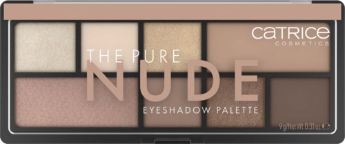 Een make-up palet met verschillende tinten, genaamd "The Pure Nude" door Catrice, met oogschaduws voor natuurlijke looks.