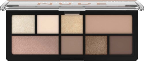 Make-up palette met negen verschillende tinten, inclusief lichte, beige en bruine kleuren voor ogen of gezicht.
