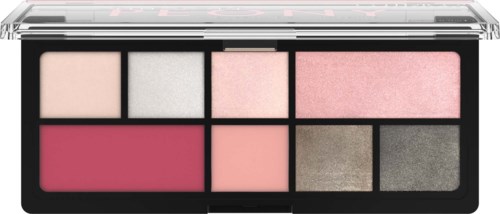 En makeuppalette med olika rosa, vita och grå nyanser i rektangulära lådor. Den har ett genomskinligt lock.