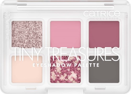 A small eyeshadow palette with six different shades, including pinks, purple, glitter, and neutral colors.