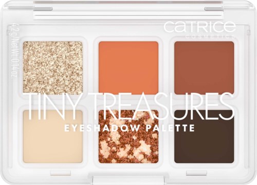A makeup palette with six eyeshadow colors: gold, orange, brown, beige, red and black.