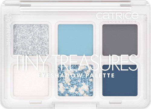 En ögonskuggspalett med sex färger, mest i blå och grå nyanser, märkt "Tiny Treasures."