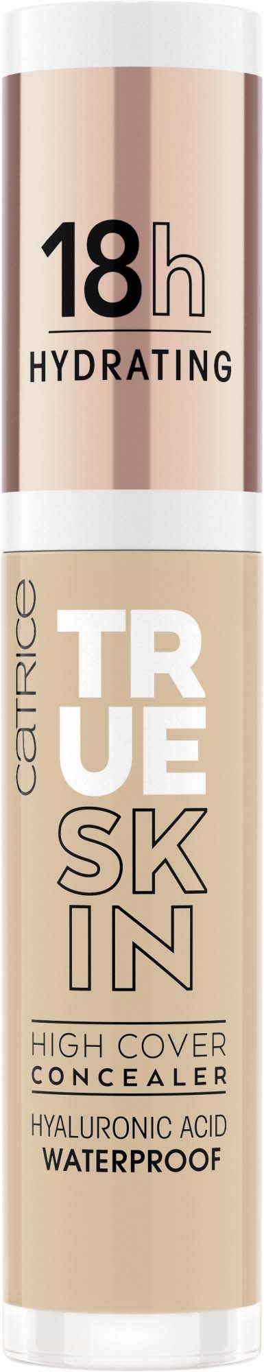 Beige ja valkoinen peitevoideputki, jossa lukee "Catrice True Skin" ja ominaisuuksia kuten 18 tunnin kosteutus, vedenkestävä ja hyaluronihappo.