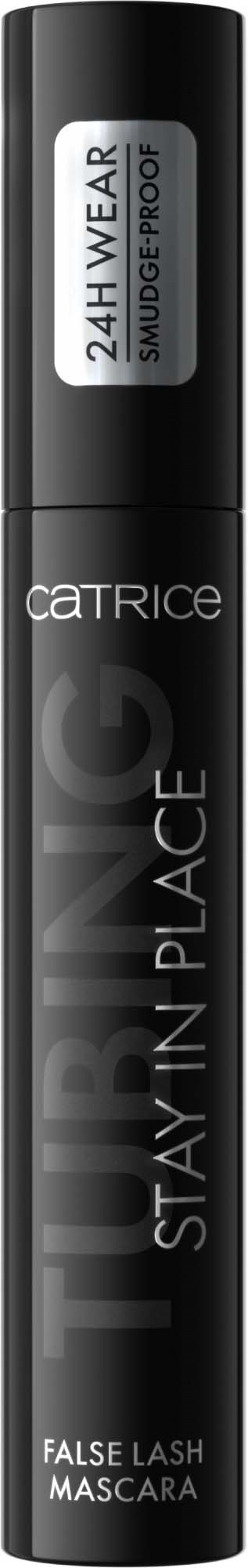 Svart tube av Catrice False Lash Mascara med 24H Wear-merke og fet hvit og grå tekst.