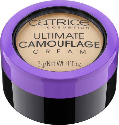 Een kleine paarse en zwarte container bevat Catrice Ultimate Camouflage Cream make-up.