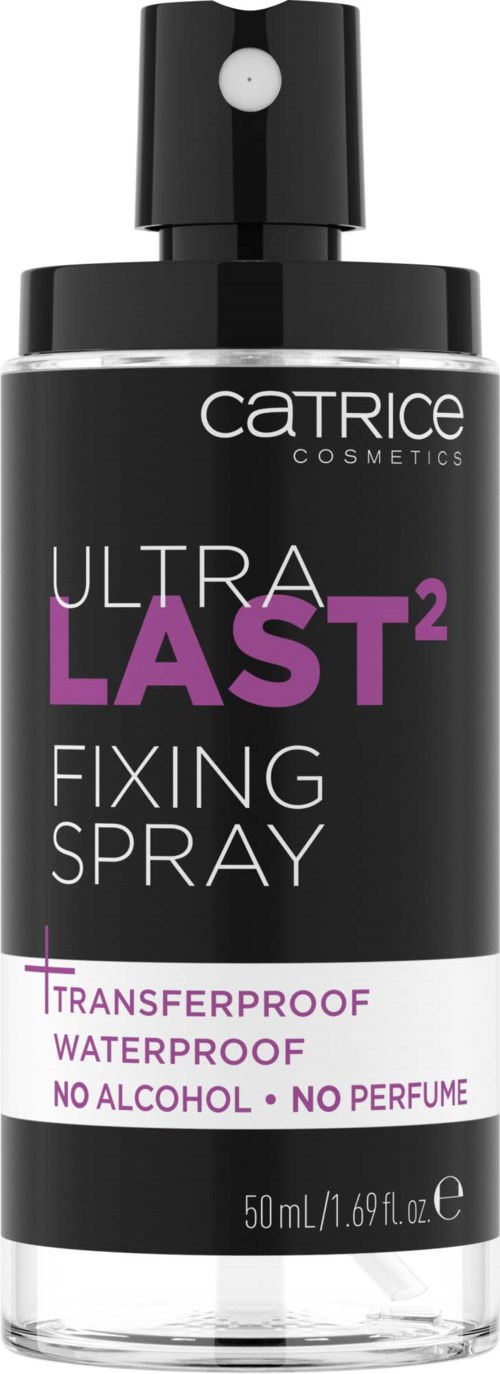 A black spray bottle labeled Catrice Ultra Last2 Fixing Spray, waterproof, alcohol-free, with a spray nozzle on top.