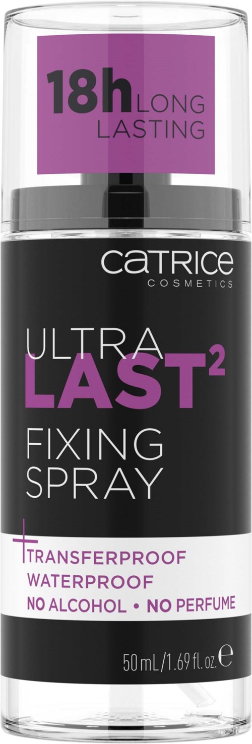 A cosmetic spray bottle labeled 'Ultra Last Fixing Spray' with claims of long-lasting, transferproof, waterproof, no alcohol, and no perfume.