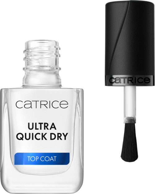 Een doorzichtige fles top coat nagellak met zwarte dop en kwast, gemerkt "Ultra Quick Dry".