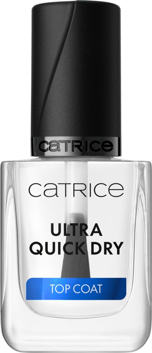 Een doorzichtige nagellakfles met zwarte dop, gemerkt "Ultra Quick Dry Top Coat" door Catrice.