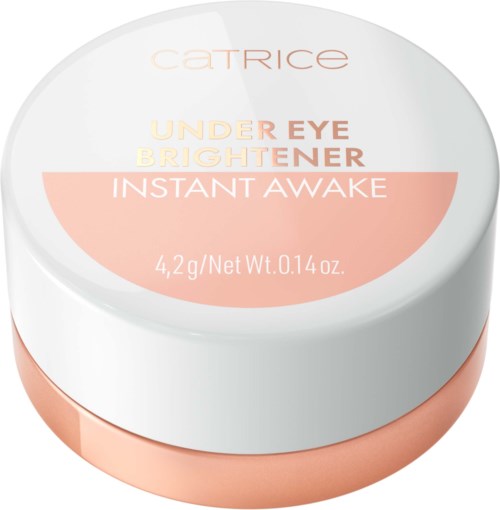 Pyöreä Catrice Under Eye Brightener Instant Awake silmänpeitevoide, jossa valkoinen kansi ja vaaleanpunainen pohja.