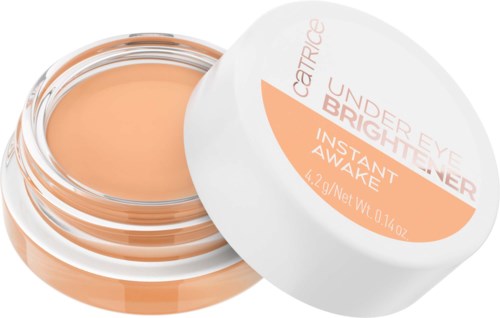 Kleine Dose für Unteraugenaufheller, mit weißen Deckel und orange-rosafarbenem Text.
