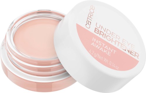 Cream in a small jar, pink color, labeled as Catrice eyeshadow, brightening, instant effect.