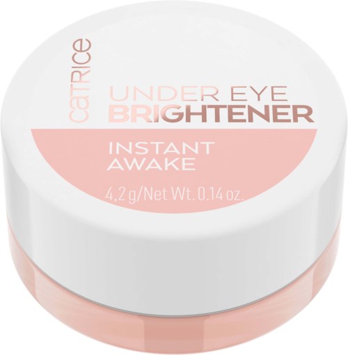 A small white jar with pink labels, advertising an under eye brightener product called Instant Awake.