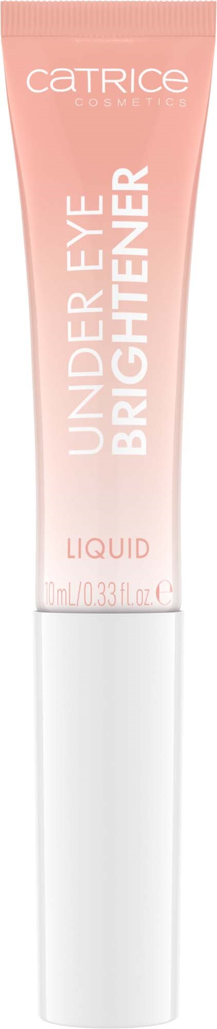 Catrice Under Eye Brightener -tuubi, vaaleanpunainen ja valkoinen, tekstillä sen tarkoituksesta ja brändistä.