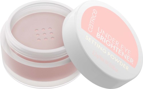 Vaaleanpunainen irtopuuteri, jossa valkoinen kansi, jossa lukee 'Under Eye Brightener'.