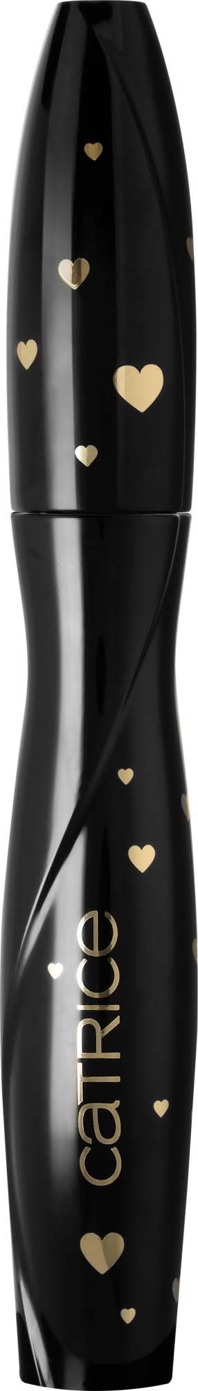 Zwart mascara-buisje met gouden harten en de merknaam 'Catrice'.