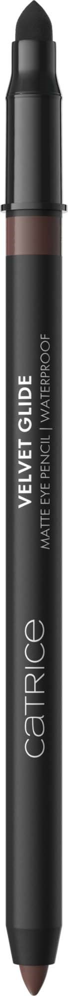 Catrice Velvet Glide matt øyenblyant i svart beholder viser produktnavnet og merket på emballasjen.