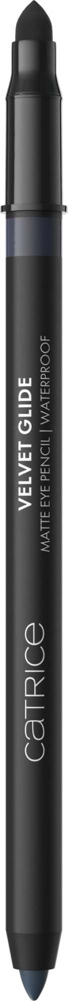 En svart velvetmat øyenstift med en lilla og svart hette, merket Catrice Velvet Glide.