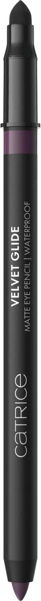 En svart makeup-penne med lilla spiss og hvit tekst, merket Velvet Glide, Matte Eye Pencil, vannavvisende.