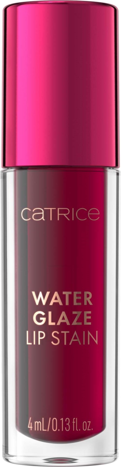 En flaske med Catrice Water Glaze Lip Stain med rosa kapsel og gjennomsiktig kropp som viser dyprosa væske.