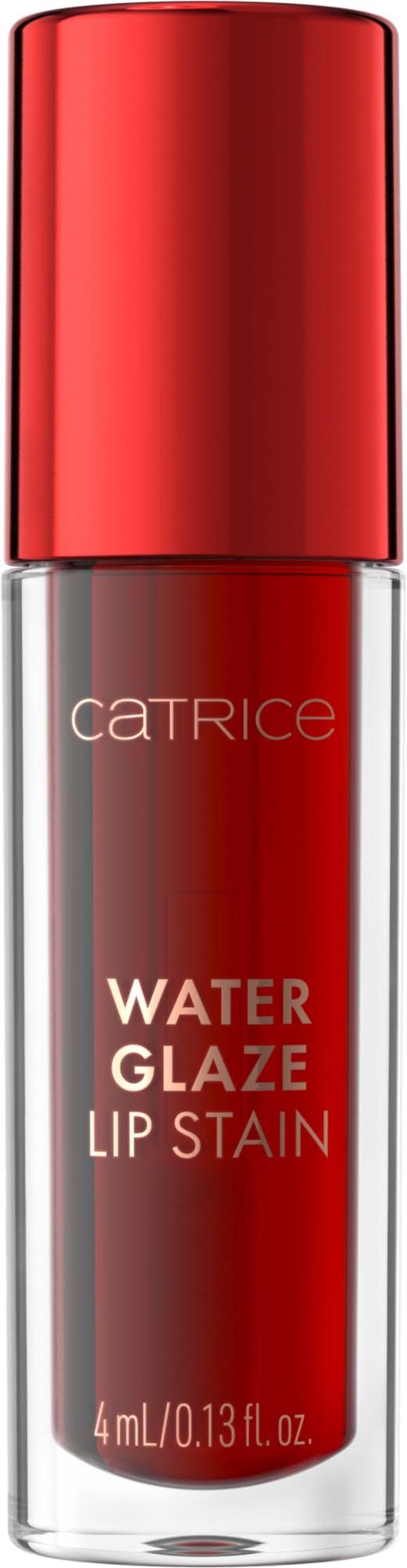 Läppfärg i tydligt glas med röd vätska och rött lock, märkt Water Glaze Lip Stain av Catrice.
