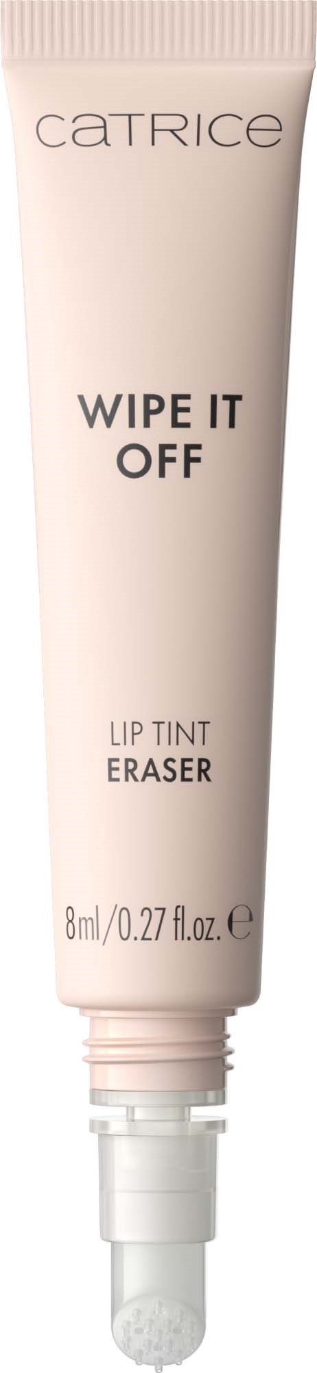 En vit tub av Catrice Wipe It Off läppfärge-raderare med en vit applikatorspets och produktinformation på framsidan.