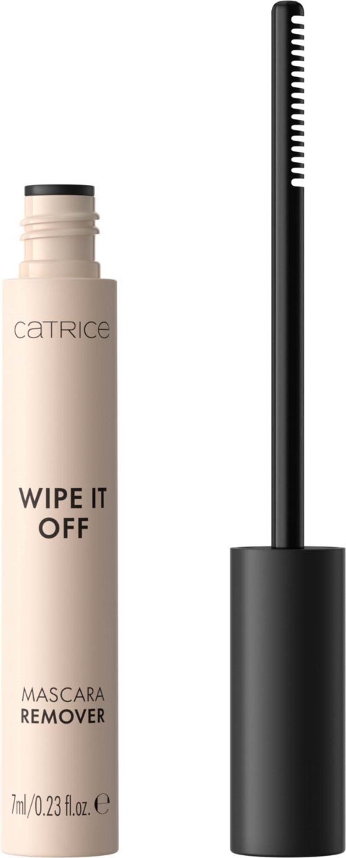 Catrice ögonborttagning i en ljusbeige flaska med svart lock och en svart mascara-fjäder bredvid.