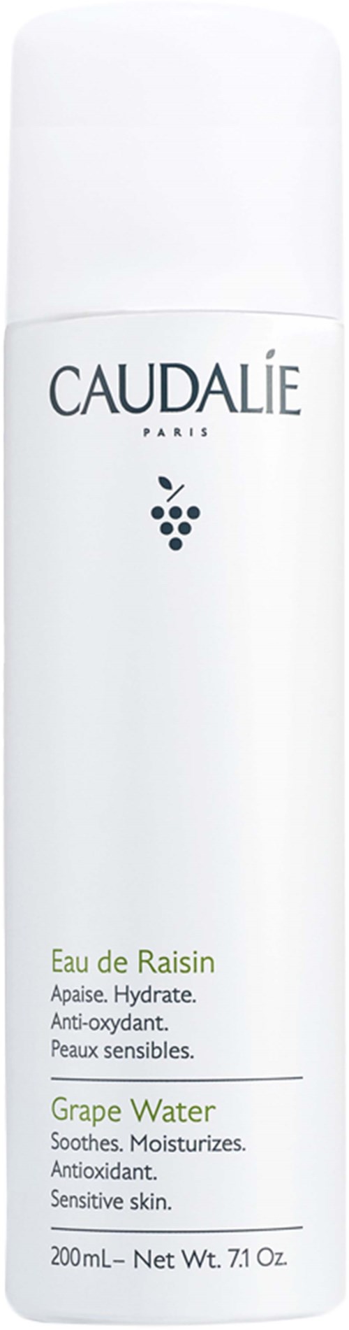 A white cylindrical bottle with black text, labeled 'Caudalie,' shows a grape illustration and mentions grape water for sensitive skin.
