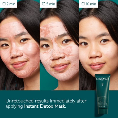 Three photos show skin cleaning process: applying a detox mask, peeling it off, then clean skin. Text promotes product.