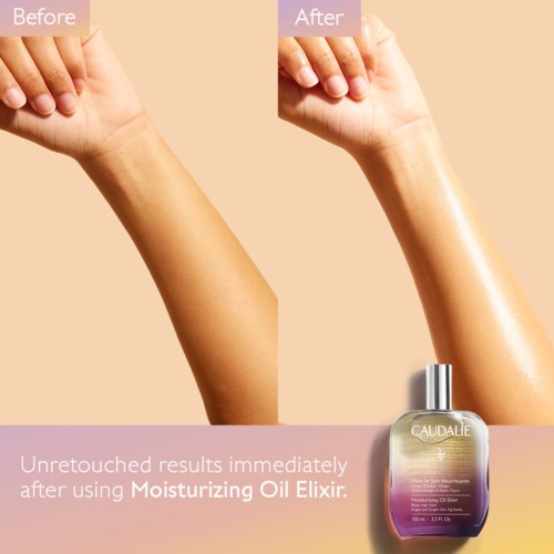 A before-and-after comparison shows skin becoming smoother after using moisturizing oil. The image features a lotion bottle at the bottom.