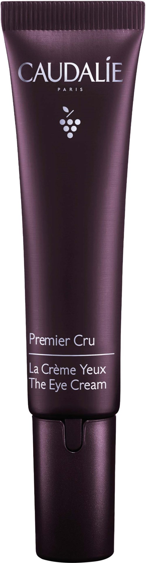 A purple tube labeled CAUDALIE Premier Cru The Eye Cream, designed for eye skin care.