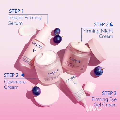 Three skincare products: firming serum, night cream, and eye gel cream, with blueberries around them on a pink background.