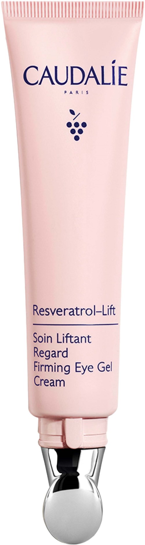 Roze tube met een zilveren bol onderaan, gemerkt Caudalie Resveratrol-Lift verstevigende ooggel. Het is een huidverzorgingsproduct.