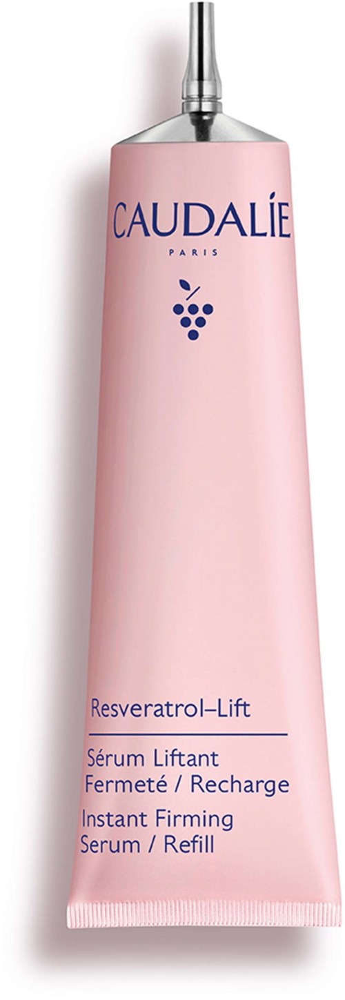 Pink tube of Caudalie Resveratrol-Lift serum with blue text and logo on white background.