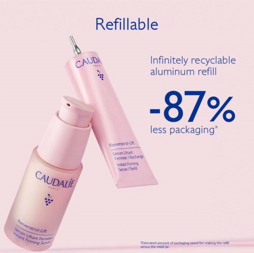 Two skincare bottles with a pink and white design, highlighting a refillable aluminum bottle that reduces packaging by 87%.