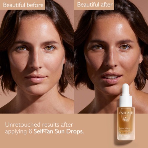 Før- og etterbilder viser forbedret hudtone med Self-Tan Sun Drops. Teksten fremhever fordeler og resultater.
