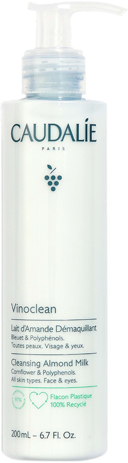 A white bottle with a pump contains Caudalie Vinoclean Cleansing Almond Milk for face and eyes.