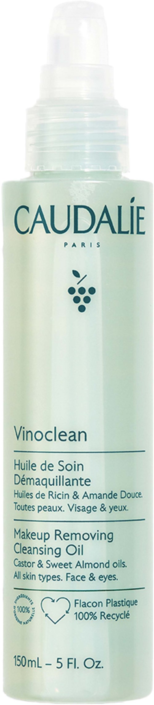 A bottle of Caudalie Vinoclean Cleansing Oil for makeup removal with almond and castor oils, suitable for all skin types.