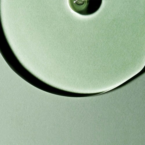 A close-up of a green circular object with a small dark circle at the center and a water droplet.