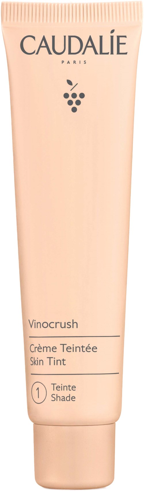 Beige Caudalie Vinocruh -tuubi, jossa rypälelogo ja merkintä iho-voiteesta sävyssä 1.