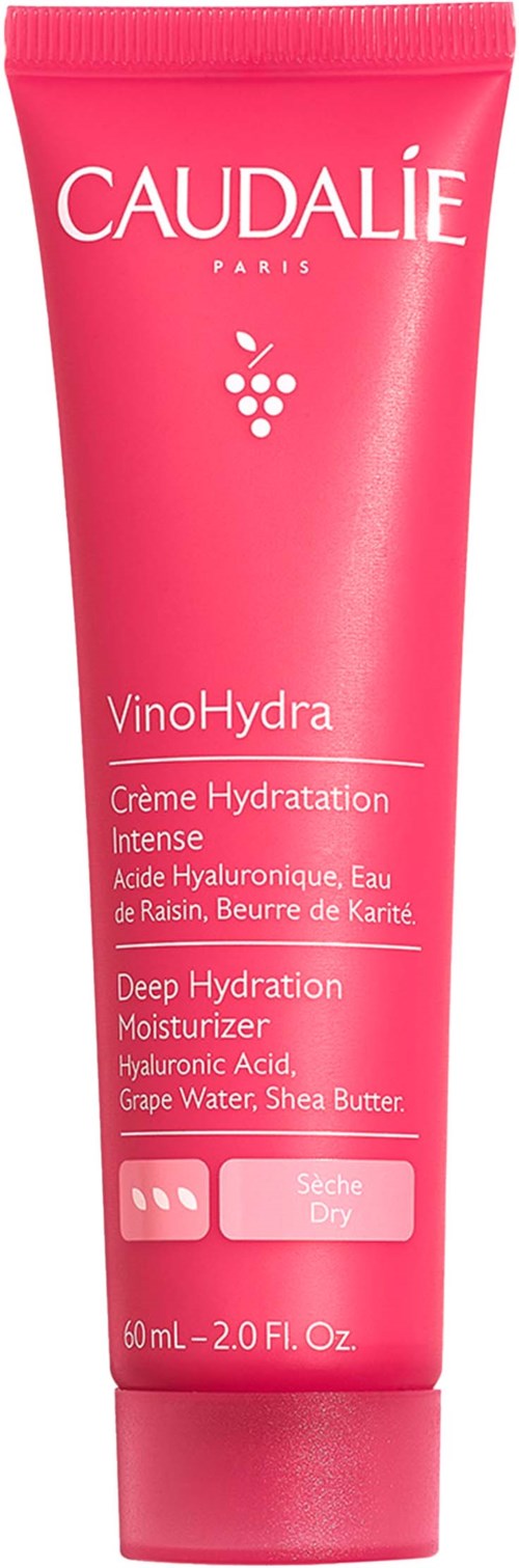 A pink tube of Caudalie VinoHydra Deep Hydration Moisturizer for dry skin, containing hyaluronic acid and grape water.