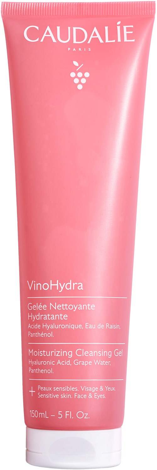 Pinkki putkilasi Caudalie VinoHydra kosteuttava puhdistusgeeli, jossa valkoinen teksti ja logo.