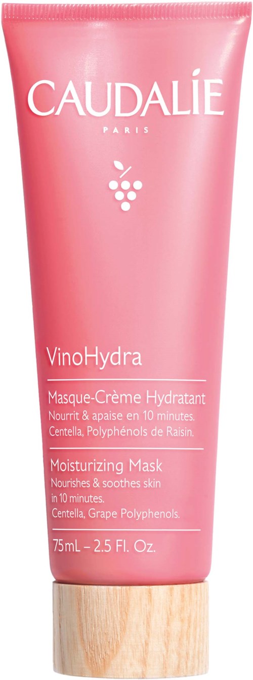 A pink tube with a wooden cap, labeled 'Caudalie VinoHydra', mentioning a moisturizing and soothing mask for skin.