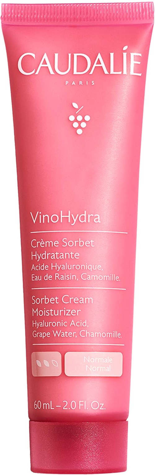 Vaaleanpunainen Caudalie VinoHydra Sorbet -kerman puteli normaalille iholle, kosteuttava hyaluronihapolla, rypälevedellä ja kamomillalla.