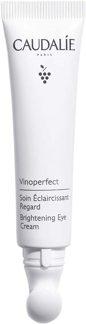 A white tube of Caudalé Vinoperfect Brightening Eye Cream with black text and a small grape icon.