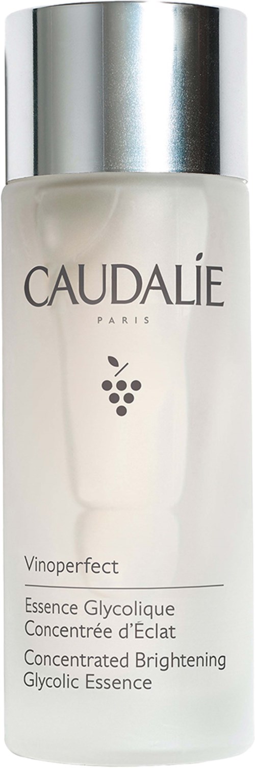 A clear bottle with a silver cap, labeled Caudalie, containing Glycolic Essence for brightening skin.